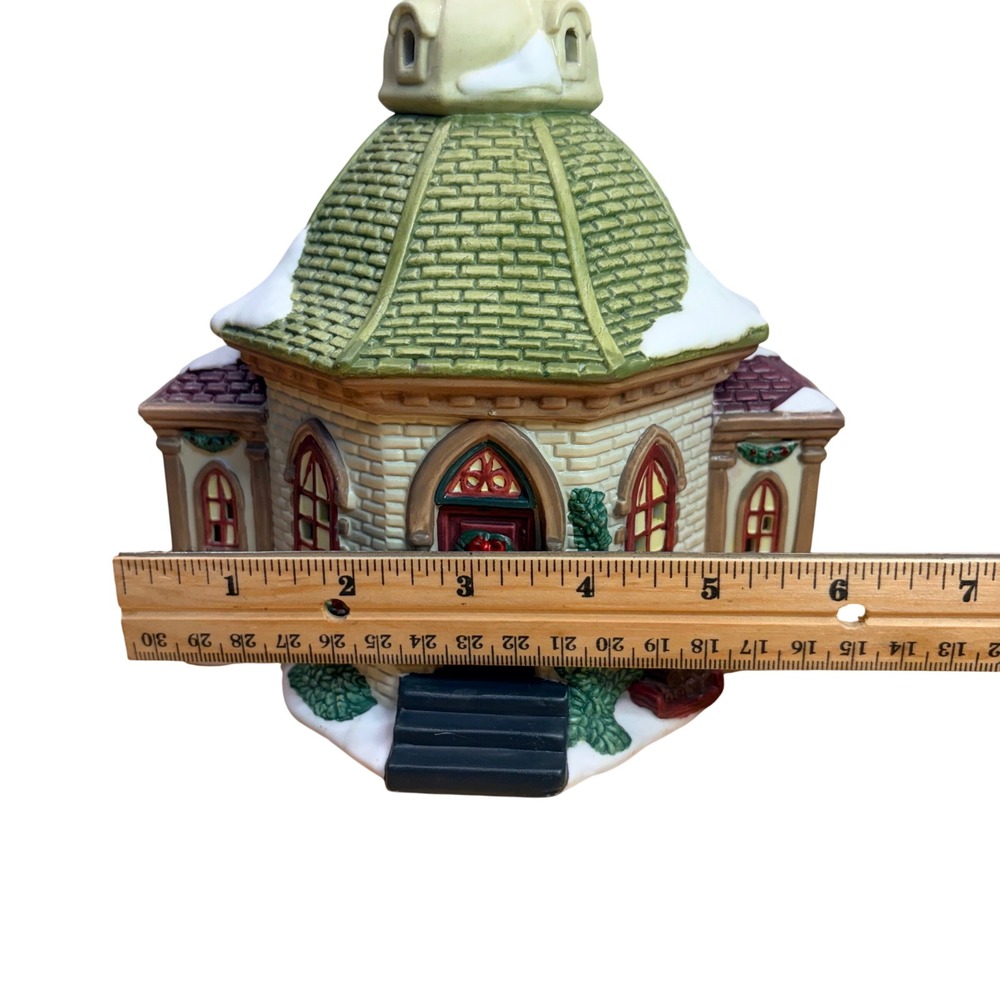 Vintage 1999 Christmas Church Village Building Green Cream Retro Holiday Decor - Picture 8 of 12